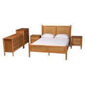 Baxton Studio Jenn Golden Brown Wood Japandi 5-Piece Queen Size Bedroom Set with Distressed-Finished Rattan